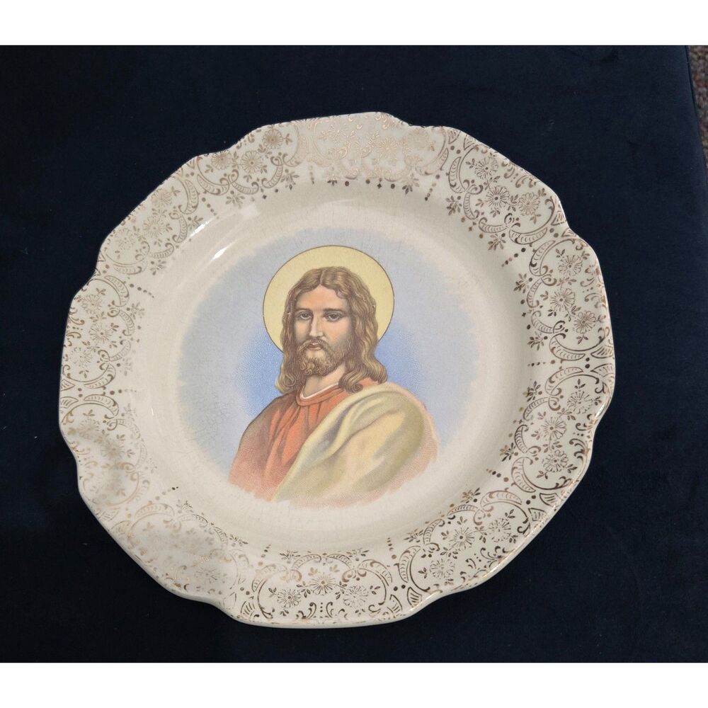 Vintage 1940-50's Sabin 22K Jesus Christ Collector Plate - Scalloped Lace Edge